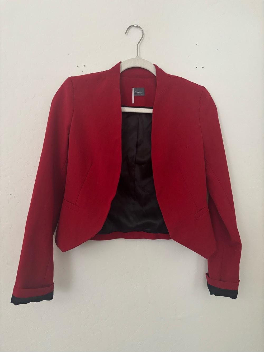 Sparkle & Fade Red Cropped Collarless Open Blazer